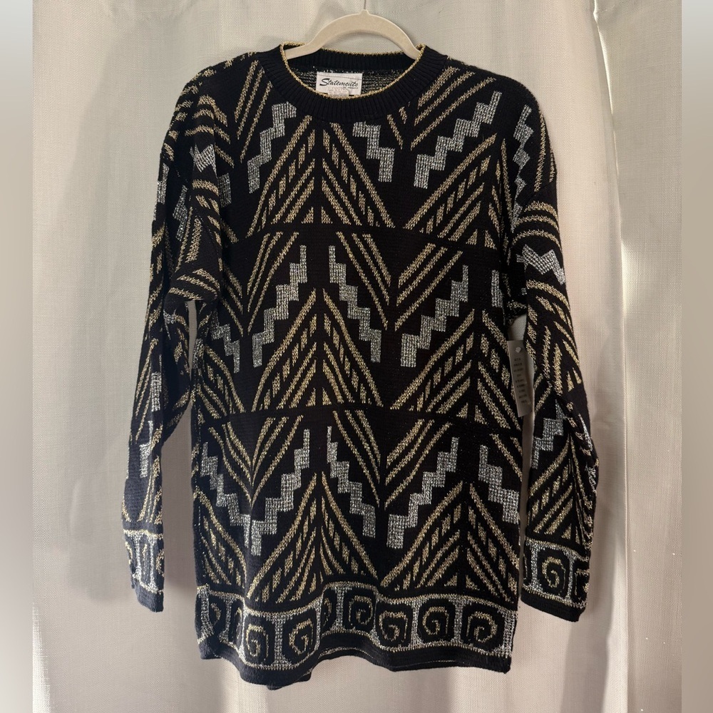 Vintage Statements by Pronto Black Gold Silver Chevron Knit Sweater Size Large - Picture 8 of 8